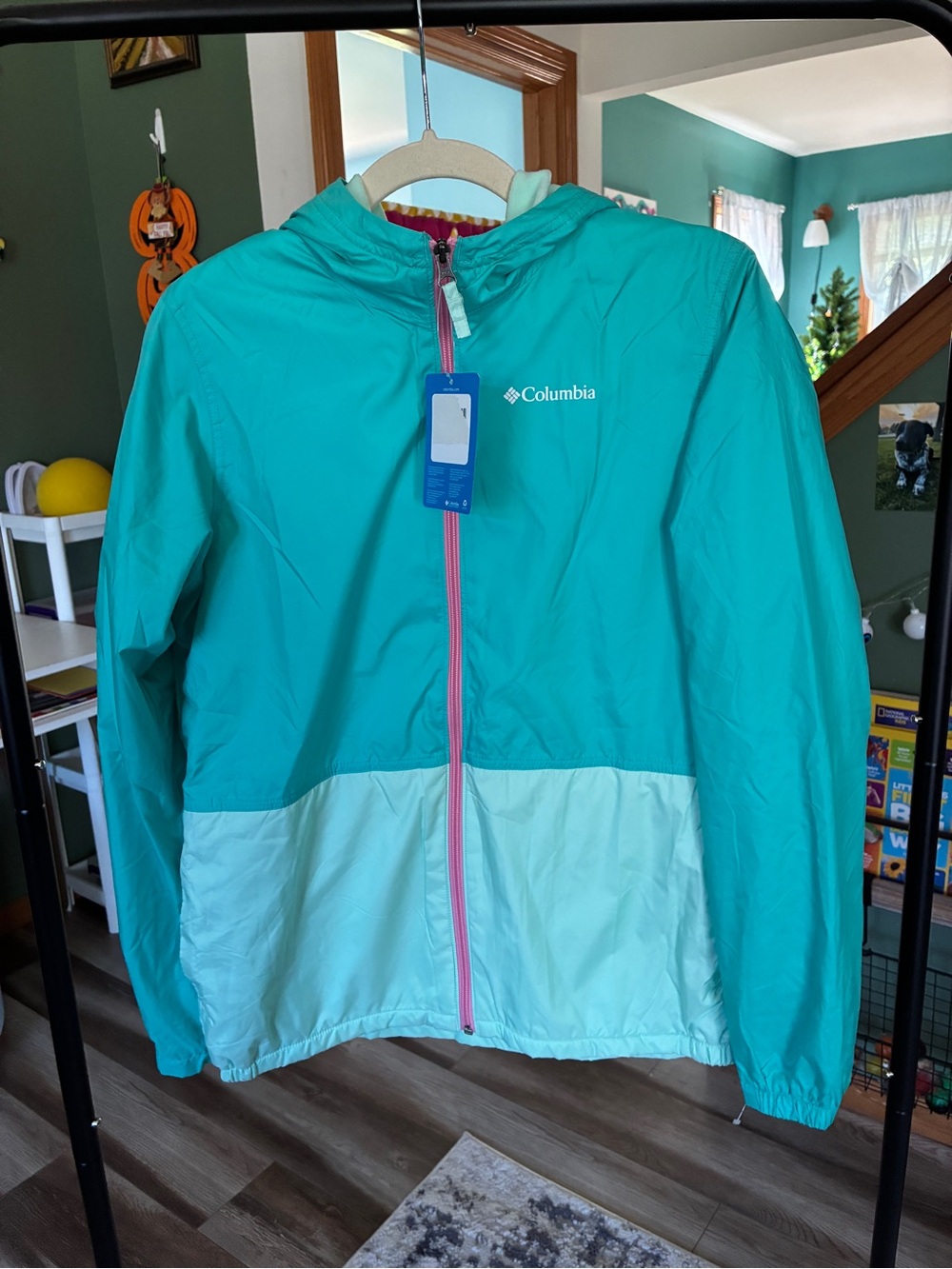 Columbia Girls Rain-Zilla Teal and Light Aqua Colorblock Jacket (XL) (NWT)